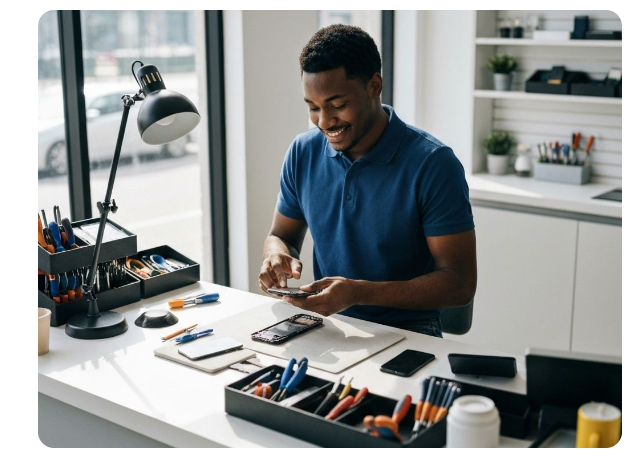 Professional technician working at modern tech repair station with organized tools and devices