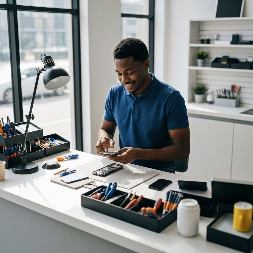 Professional technician repairing devices in modern shop